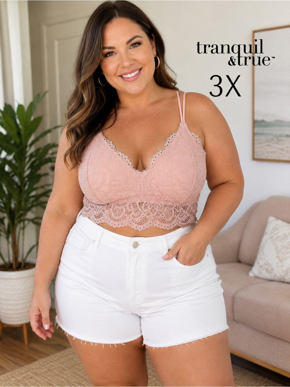 Tranquil & True Lace Bralette Size 3X Blush Pink Double Strap – Removeable pads